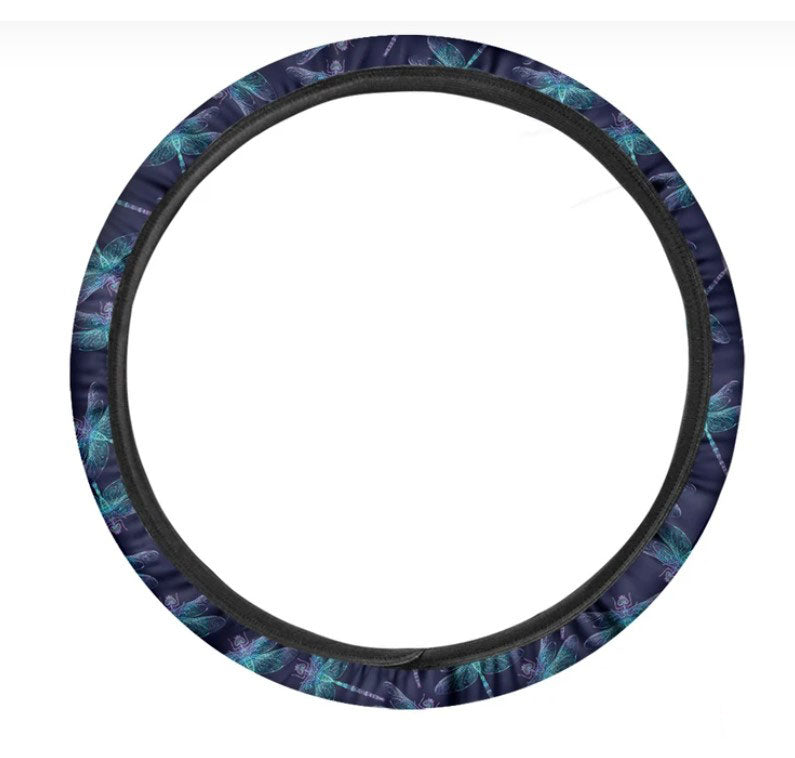 Teal And Purple Dragonfly Pattern Print Car Steering Wheel Cover
