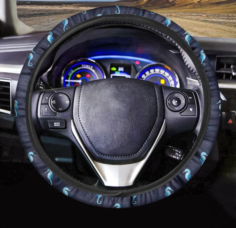 Blue Seahorse Pattern Print Car Steering Wheel Cover