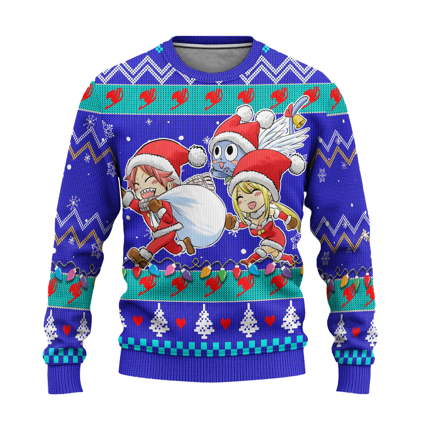 Natsu x Lucy x Happy Anime Ugly Christmas Sweater Custom Fairy Tail Xmas Gift