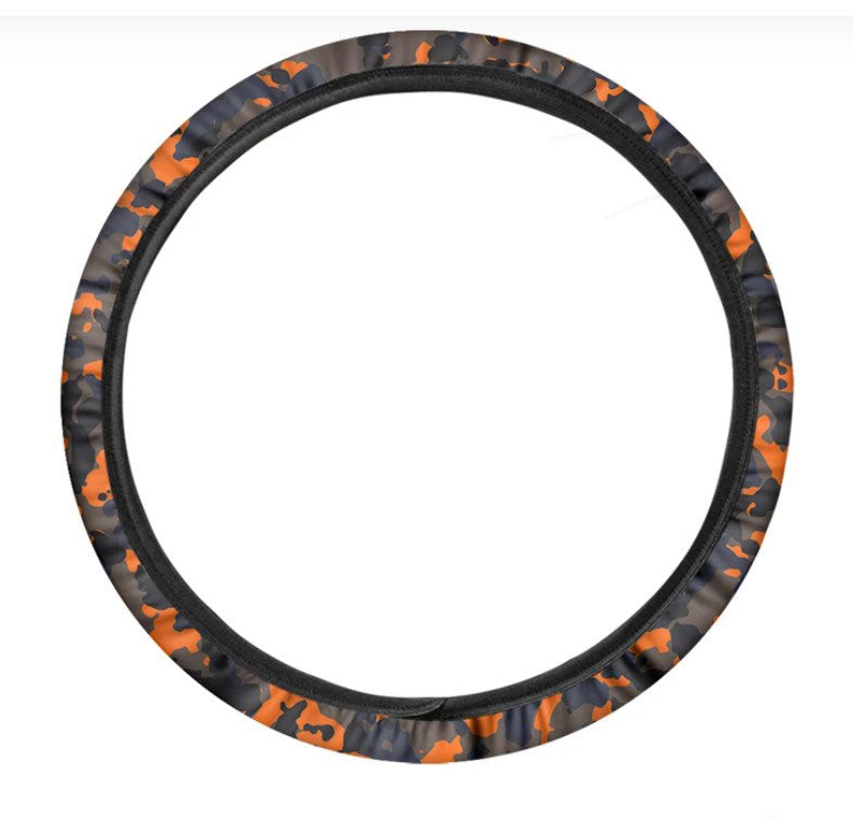 Black And Orange Camouflage Print Car Steering Wheel Cover