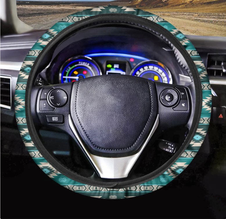 Teal Southwestern Navajo Pattern Print Car Steering Wheel Cover