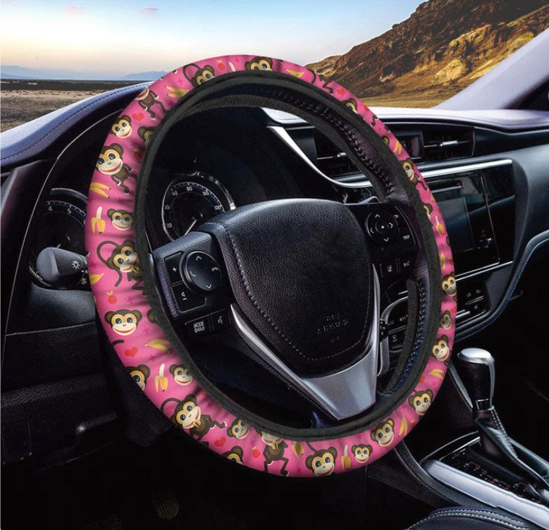 Monkey And Banana Pattern Print Car Steering Wheel Cover