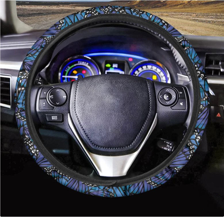 Blue Monarch Butterfly Wings Print Car Steering Wheel Cover
