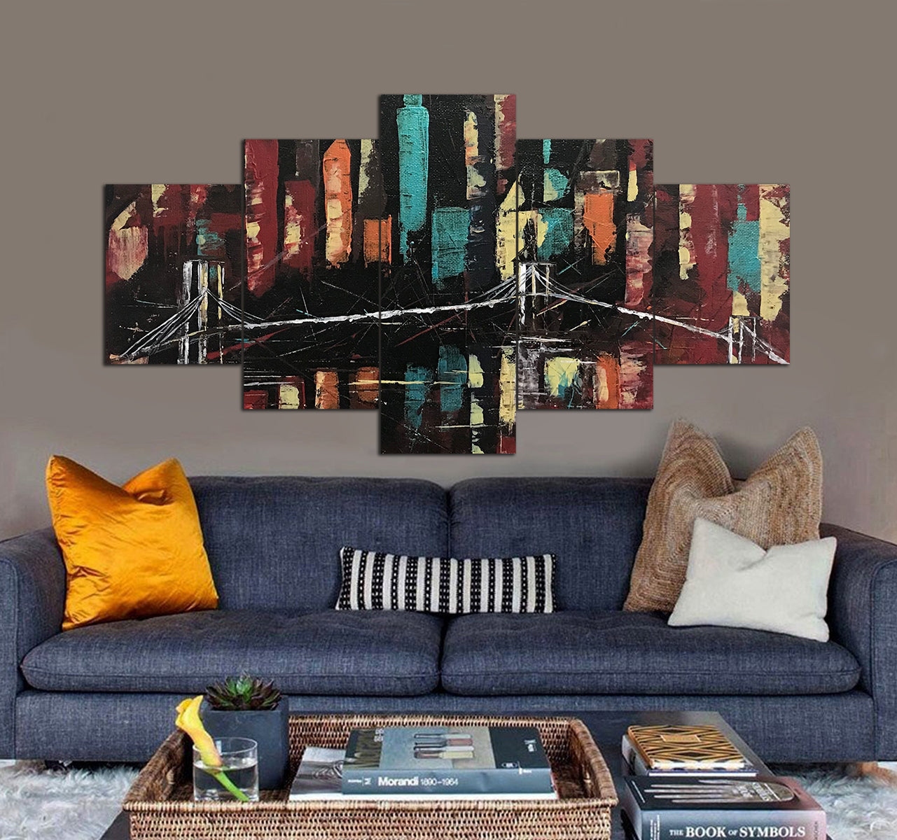 Abstract City With Bridge Painting 3D 5 Piece Canvas Art
