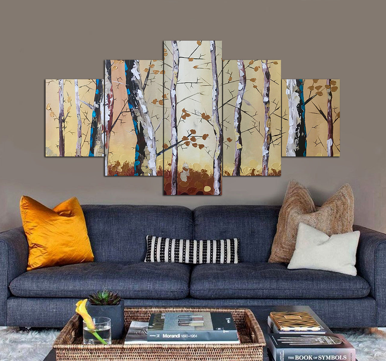 Birch Trees With Gold Leaves Painting 1 3D 5 Piece Canvas Art