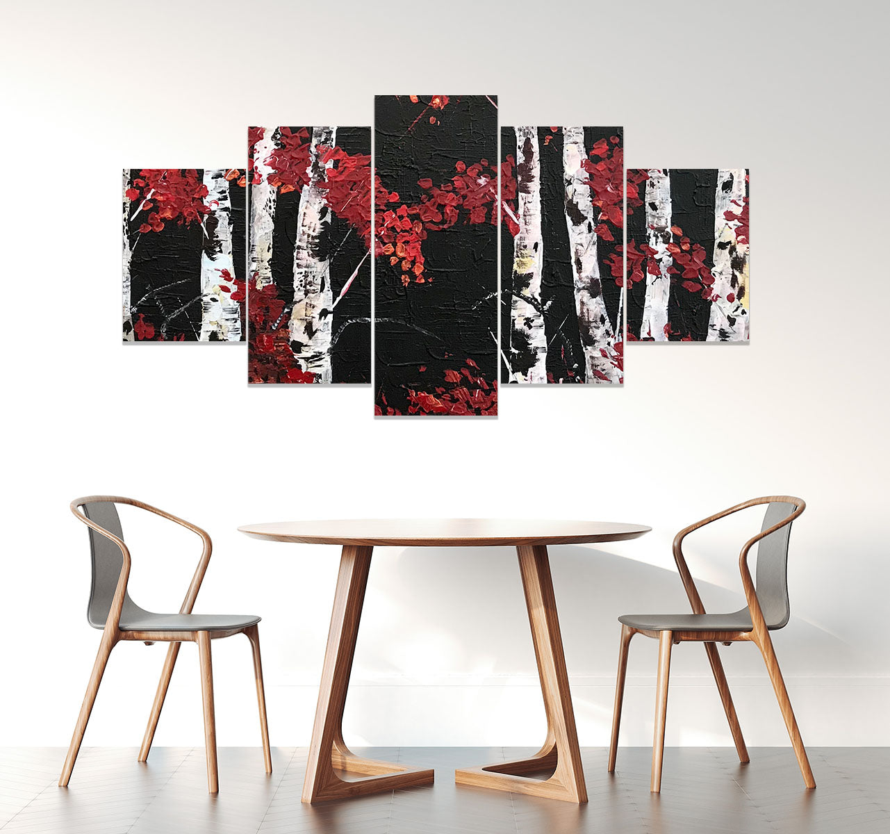 Birch Tree With Red Leaves Painting Abstract Art Canvas 5 Piece Canvas Art