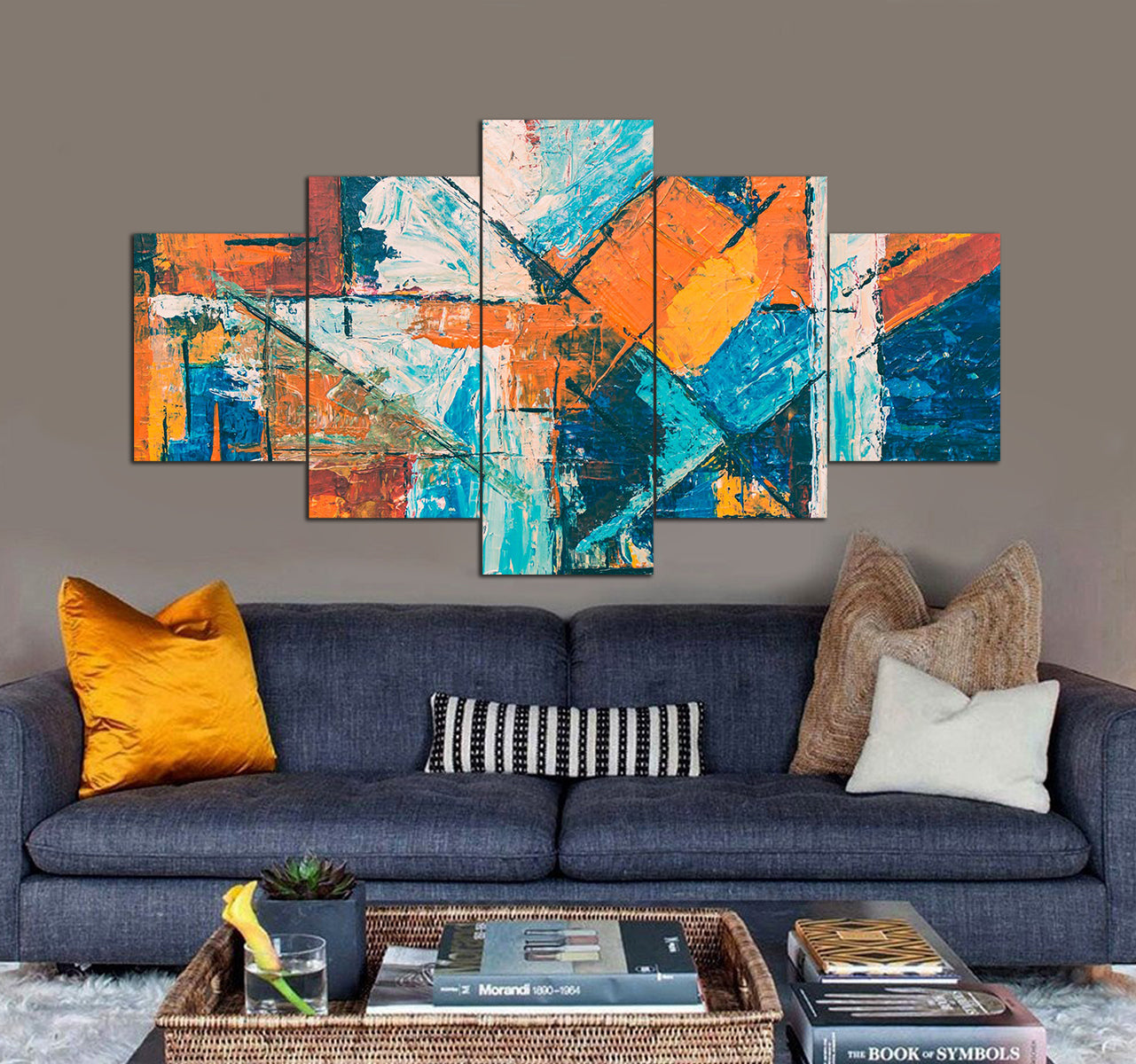 Blue, Orange, And White Abstract Painting 1 3D 5 Piece Canvas Art