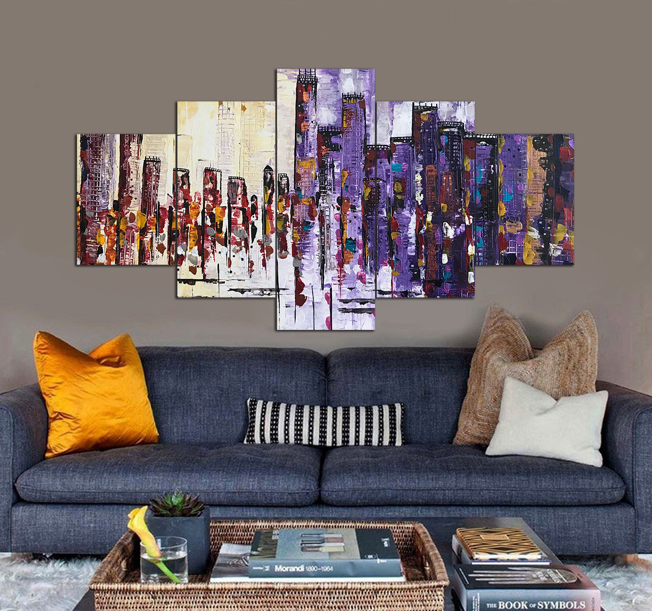 Day And Night City Painting 5 Piece Canvas Art