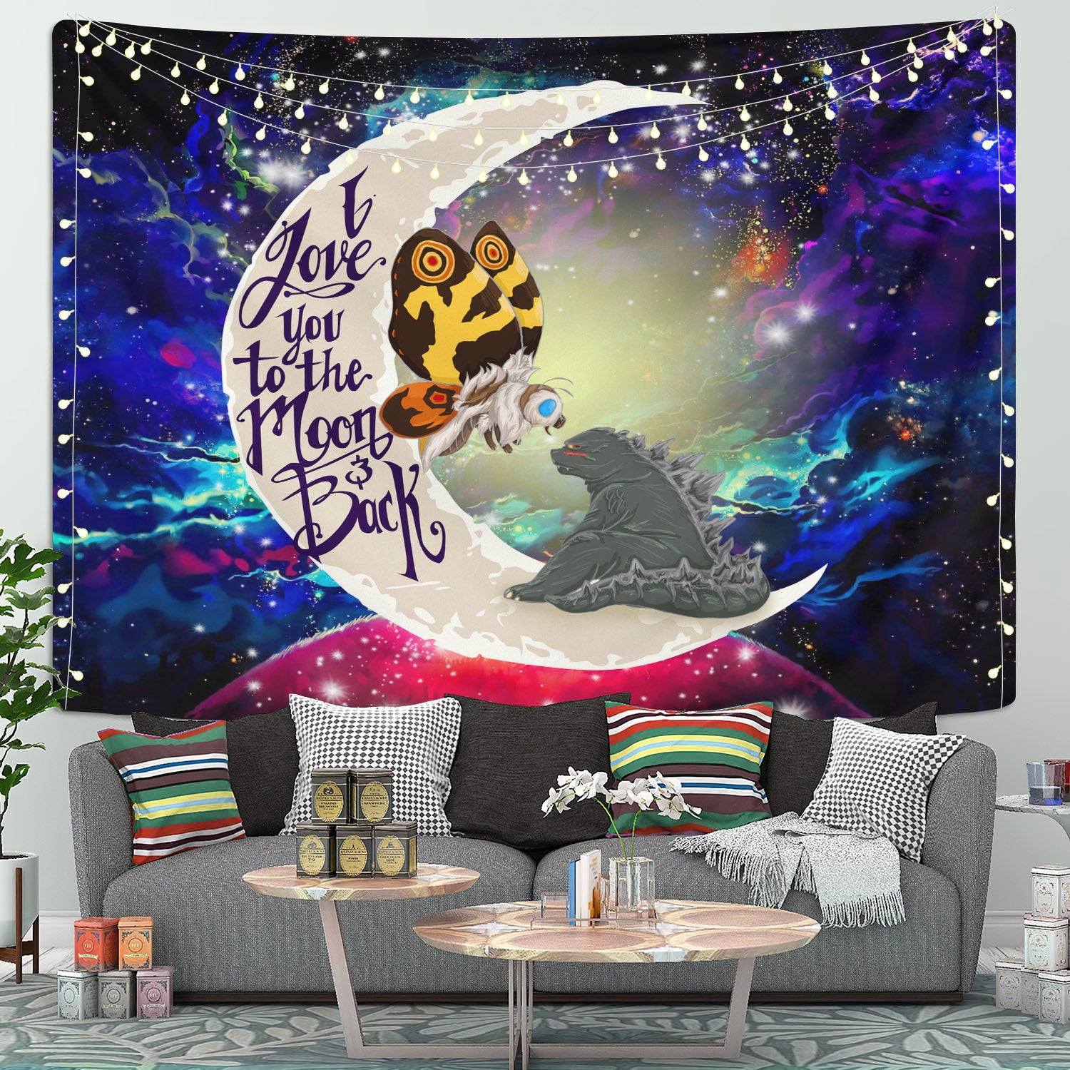 Godzilla Couple Moon And Back Galaxy Tapestry Room Decor