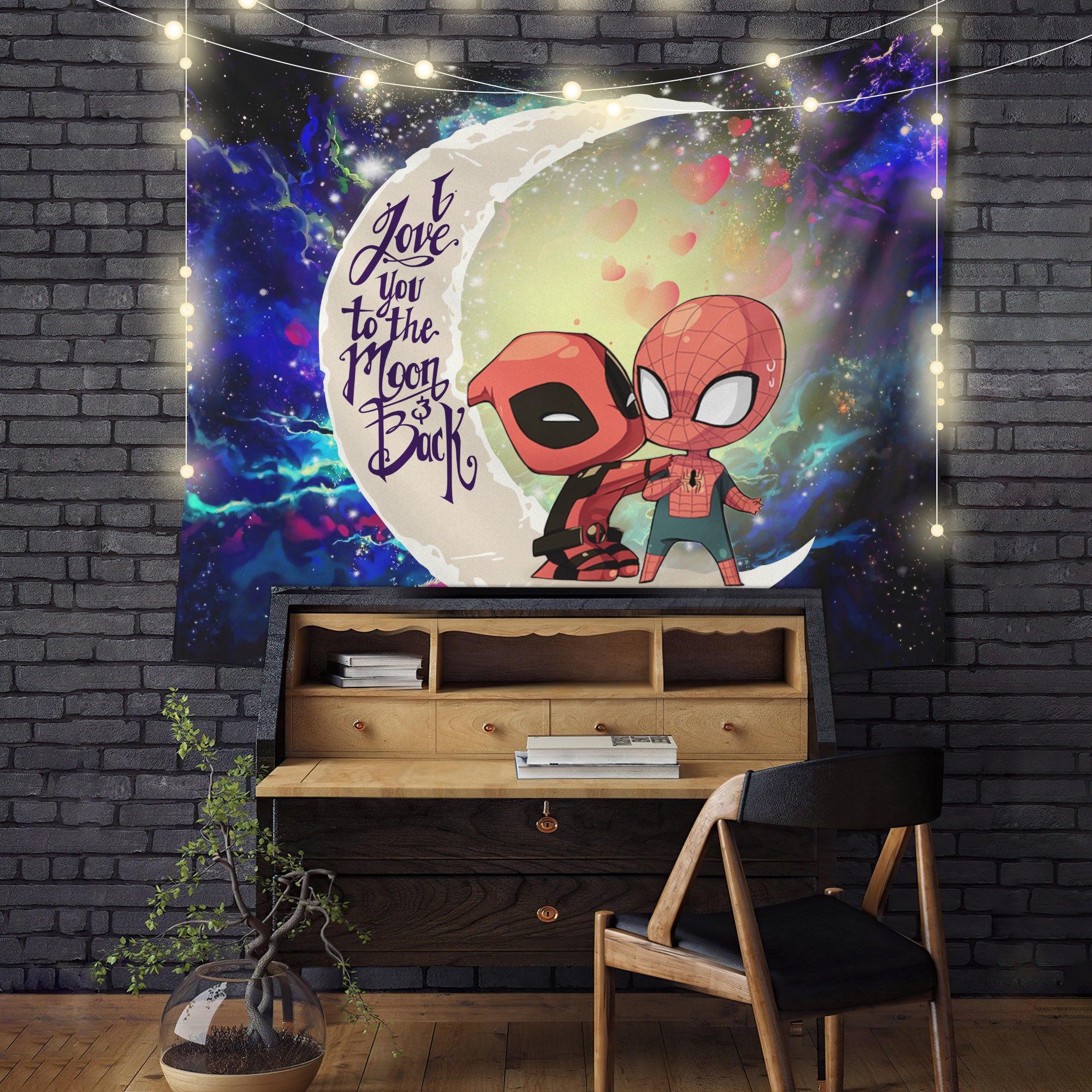 Spiderman And Deadpool Couple Moon And Back Galaxy Tapestry Room Decor