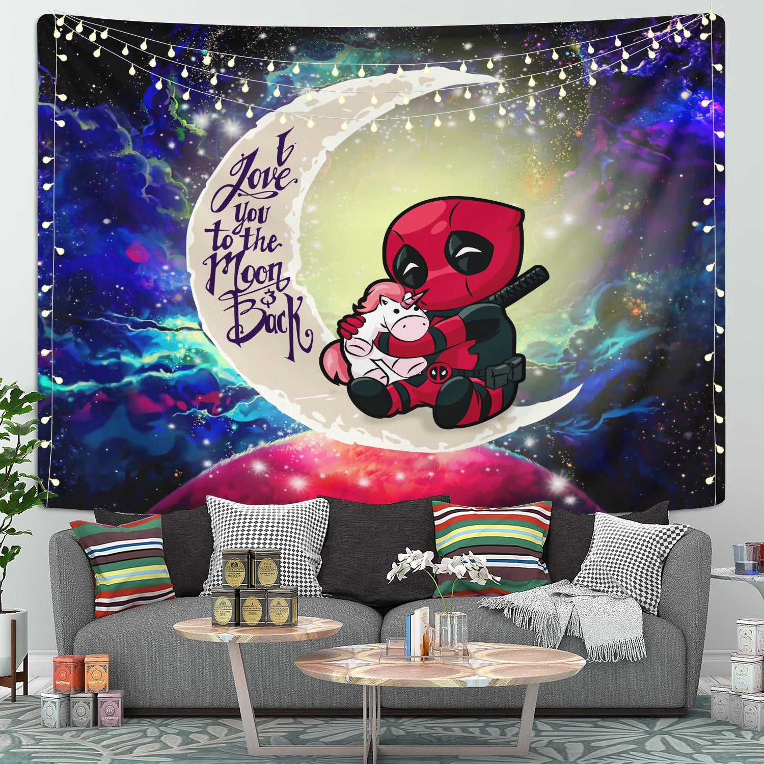 Chibi Deadpool Unicorn Toy Moon And Back Galaxy Tapestry Room Decor
