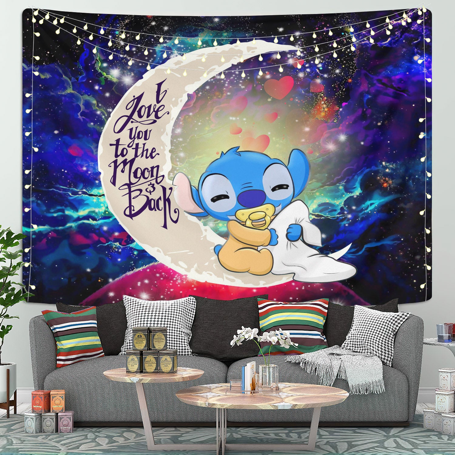 Cute Baby Stitch Sleep Moon And Back Galaxy Tapestry Room Decor
