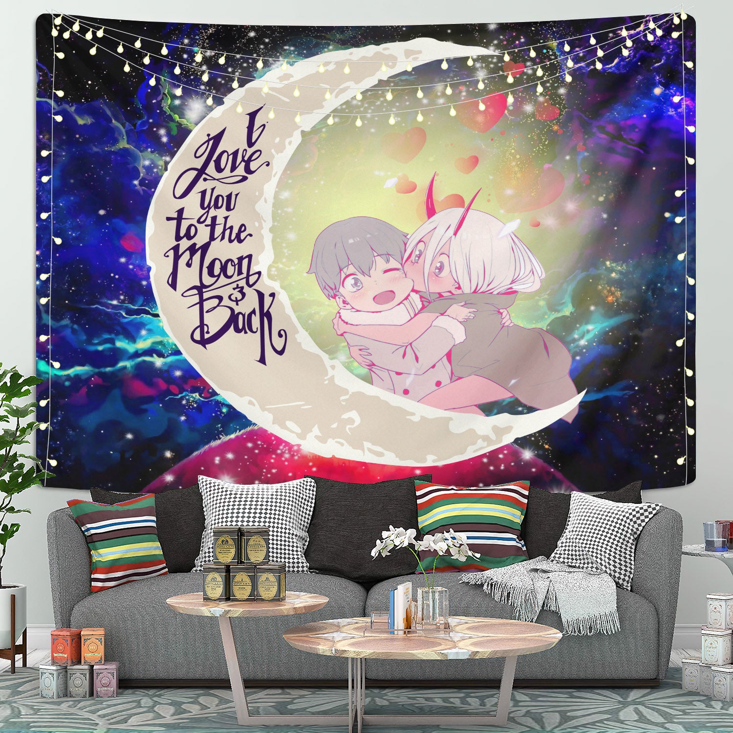 Darling In The Franxx Hiro And Zero Two Moon And Back Galaxy Tapestry Room Decor