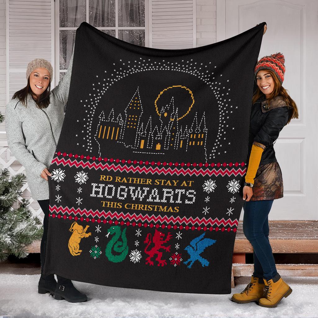 Harry Potter Rd Rather Stay At Hogwarts Ugly Christmas Custom Blanket Home Decor